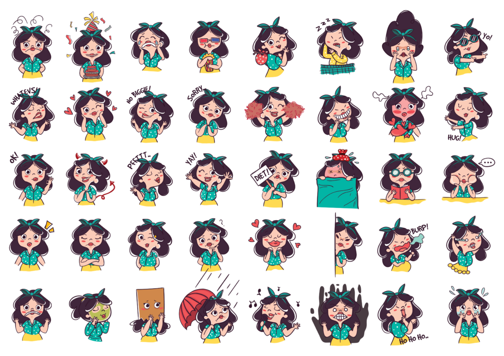 Muitas carinhas em desenho, expressando emoções diversas. A personagem é sempre uma mulher de cabelo comprido, com faixa verde no cabelo, blusa verde e saia verde. Alguns acessórios aparecem para expressar os sentimentos.